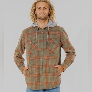 RIP CURL Shacket Mens Flannel Hood Shirt Green Red Plaid Size Medium Cabincore